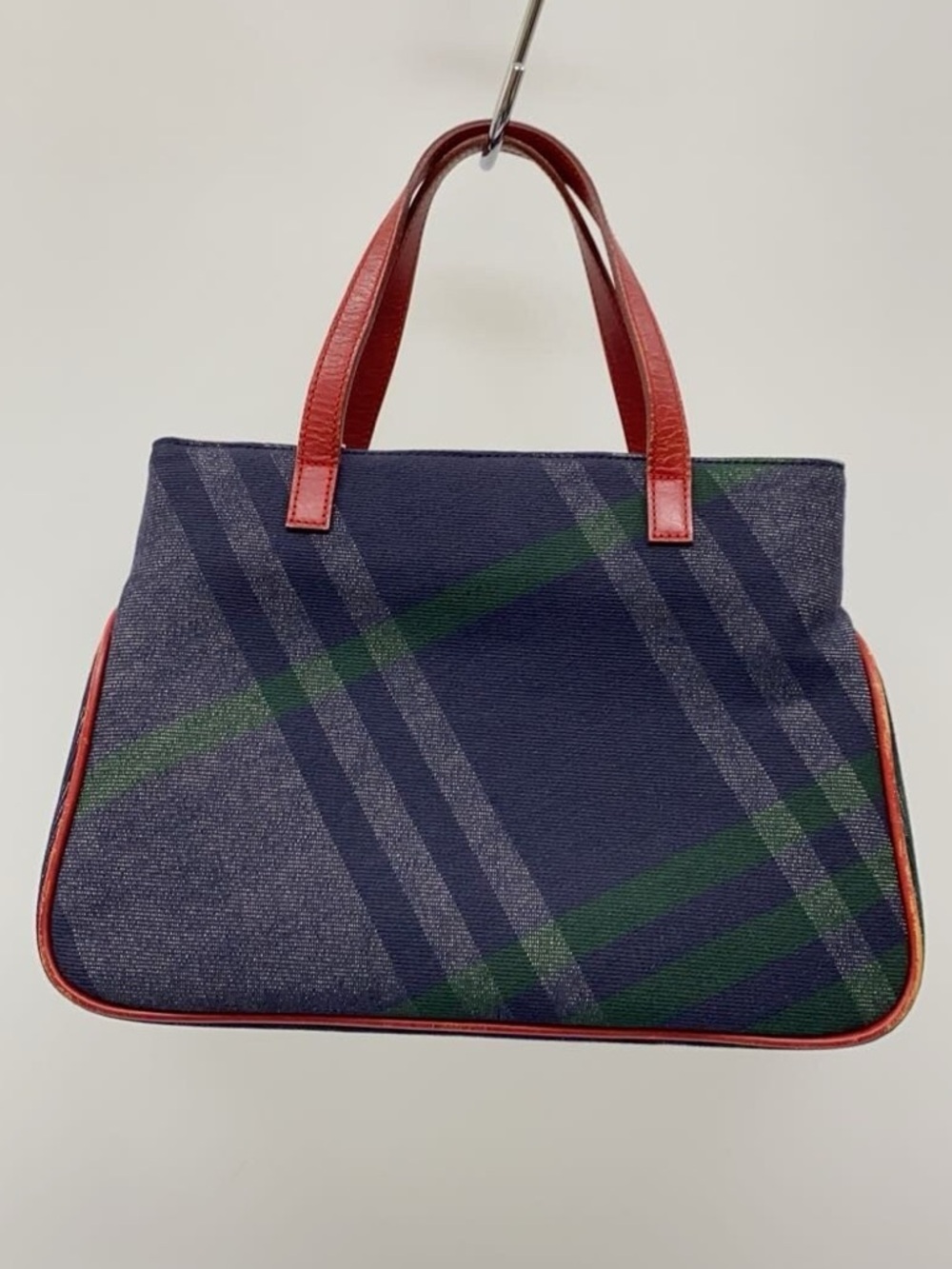 Ralph Lauren Navy Plaid Top-Handle Tote with Red Trim and Long Strap